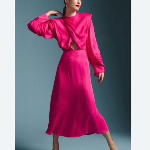 Anthropologie Dresses & Skirts - Anthropologie x  FARM Rio Pink Shoulderpads Maxi Dress Satin Like Cutout Size XL